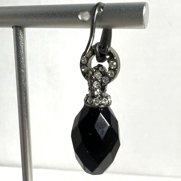 Vtg 925 Silver & Faceted Black Glass Earrings with Rhinestones on French Hook - Picture 6 of 8